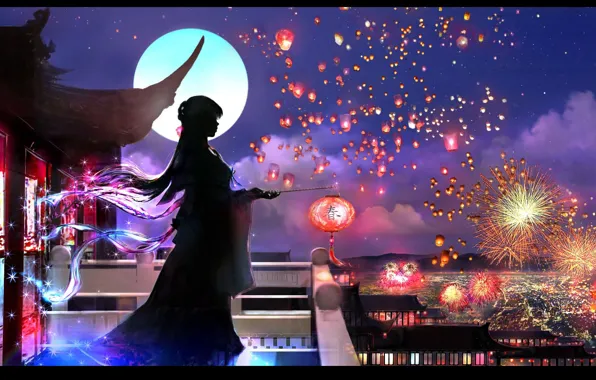 The sky, girl, night, roof, silhouette, balcony, yukata, the full moon