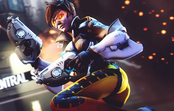 Picture ass, girl, smile, guns, glasses, costume, Overwatch, Tracer