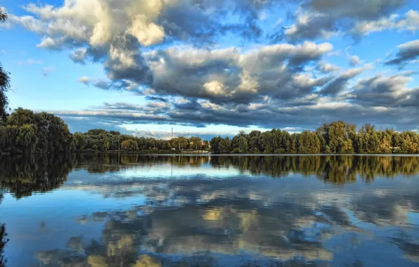 Picture autumn, the sky, clouds, trees, landscape, reflection, river