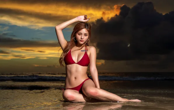 Sea, swimsuit, the sky, look, clouds, landscape, sunset, clouds