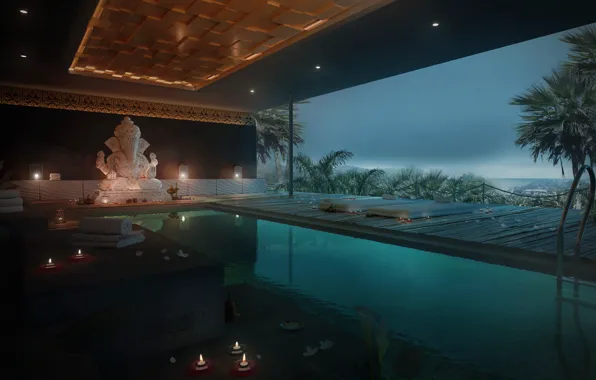 Water, palm trees, construction, candles, pool, statue, spa