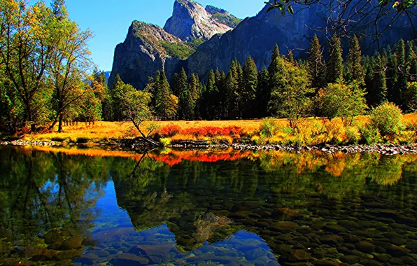 Autumn, forest, trees, mountains, lake, stones, CA, USA