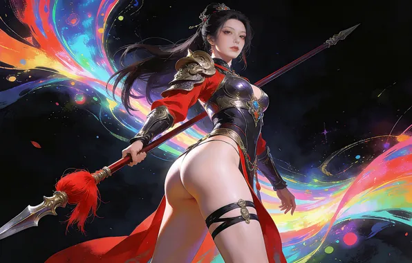 Picture girl, weapon, brunette, asian, spear, ai art