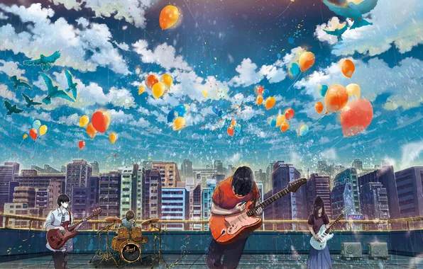 Roof, the sky, clouds, birds, the city, balloons, guitar, group
