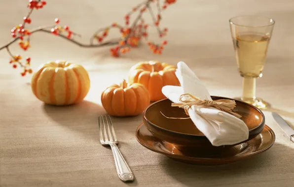 Branch, pumpkin, plates, napkin, Cutlery