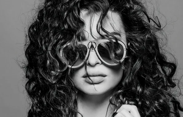 Girl, face, hair, glasses, black and white, Emily Ratajkowski