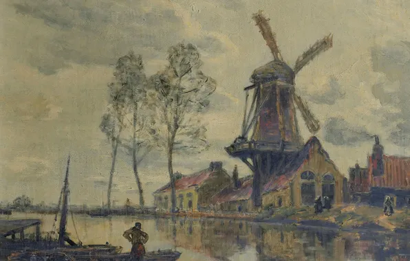 Picture landscape, river, boat, home, picture, mill, Frank Boggs, Frank Myers Boggs