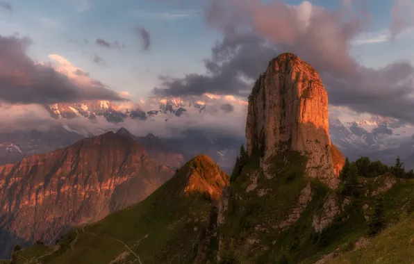 The sky, clouds, light, mountains, fog, rocks, the slopes, tops
