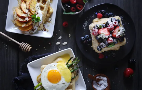 Berries, egg, waffles, asparagus