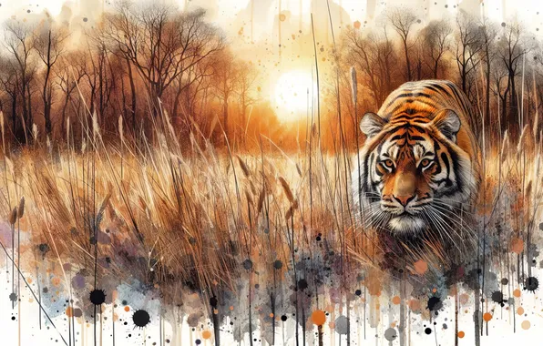 Look, face, nature, tiger, paint, portrait, white background, imitation of watercolor