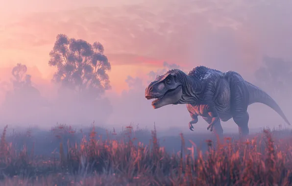 Fog, Grass, Trees, Dawn, Predator, Dinosaur, Animal, Digital art