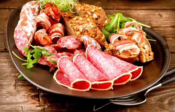 Picture food, plate, bread, meat, sausage, ham