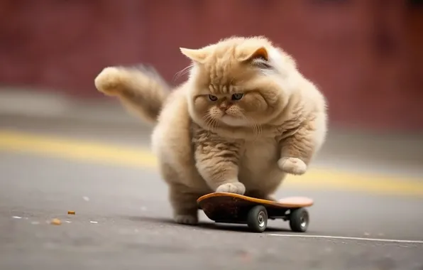 Cat, look, pose, kitty, red, face, skateboard, thick