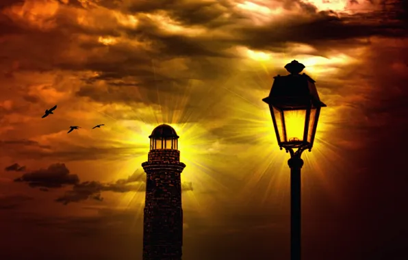 The sky, the sun, rays, light, sunset, clouds, lighthouse, lantern