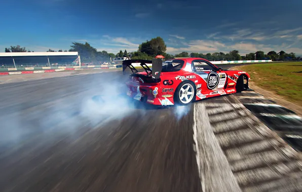 Picture Mazda, Red, Drift, Sky, Smoke, RX-7, Tuning, Sportcar