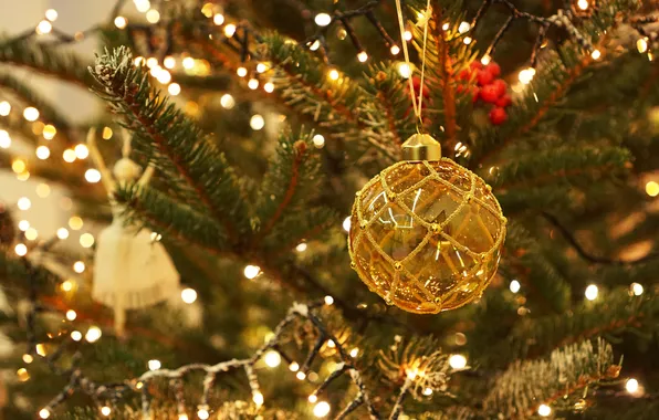 Balls, branches, lights, ball, ball, Christmas, New year, needles