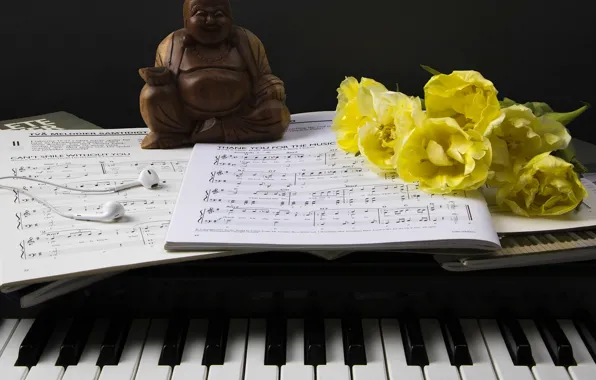 Picture flowers, style, notes, headphones, keys, tulips, figurine, piano