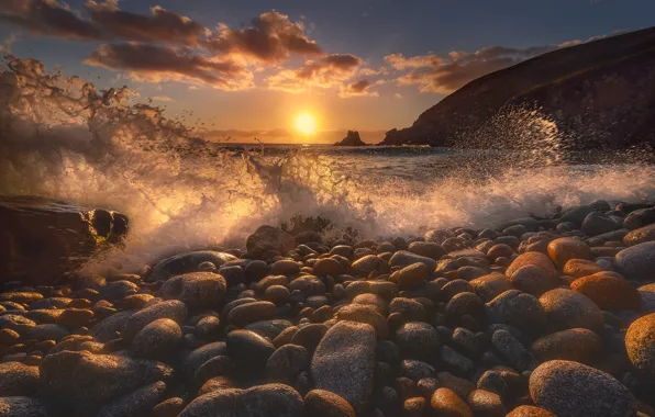 Picture beach, pebbles, wave, The sun, beach, sun, wave, pebbles