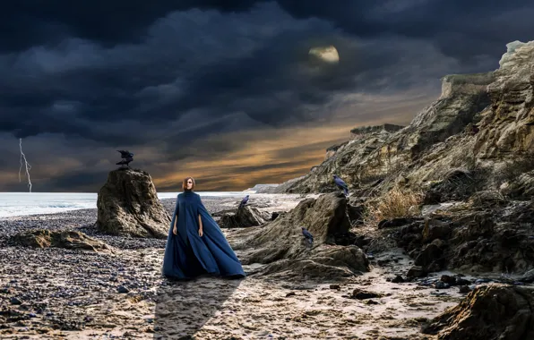 Sea, the storm, the sky, girl, birds, night, clouds, nature