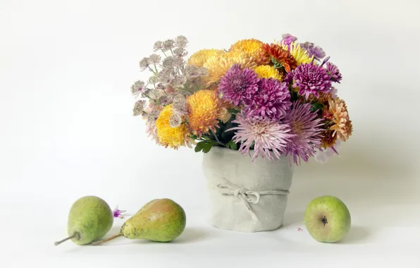 Picture flowers, pear, chrysanthemum, bucket