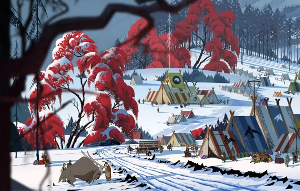Picture winter, people, wigwam