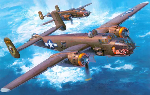 The plane, art, bomber, action, North American, twin-engine, average, WW2.