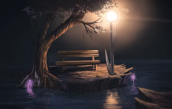 Light, bench, night, tree, art, lantern