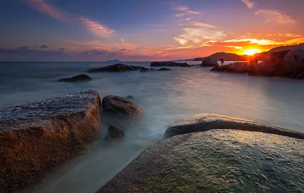 Sea, sunset, stones, coast