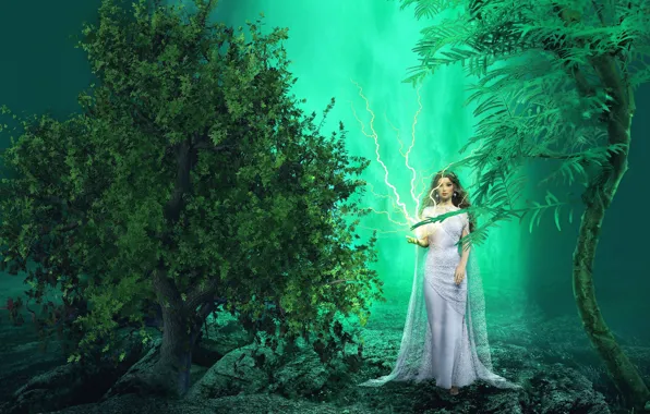 Greens, girl, trees, nature, stones, rendering, fantasy, rocks