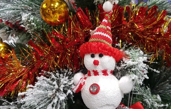 Frost, balls, branches, toy, Shine, Christmas, New year, snowman