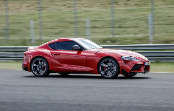 Picture asphalt, red, movement, coupe, the fence, Toyota, track, Supra