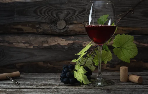 Leaves, the dark background, wine, red, Board, glass, grapes, alcohol