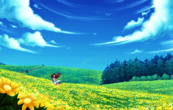 Picture field, forest, summer, girl, clouds, flowers, the wind, art
