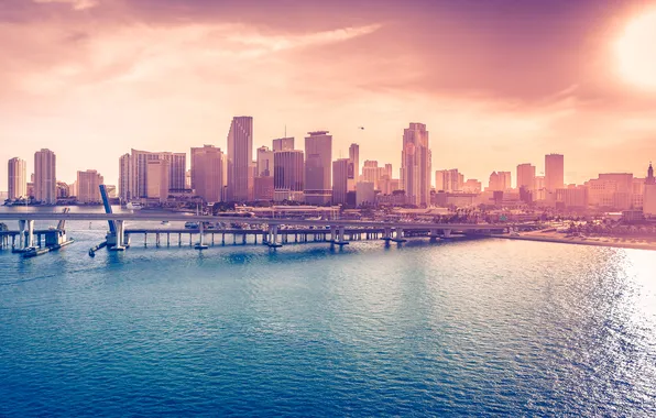 Picture bridge, the city, the ocean, USA, Florida, Miami Downtown