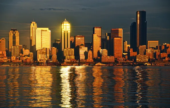 The sky, the city, lights, building, home, lighting, Bay, Seattle