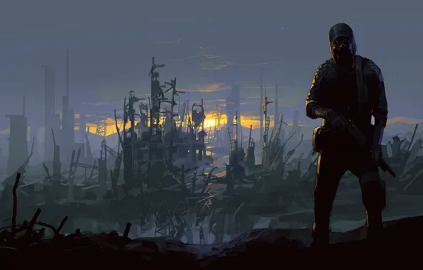 Sunset, The city, People, Soldiers, Weapons, Destruction, Art, Concept Art