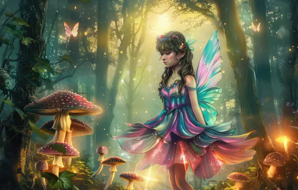 Girl, Trees, Forest, Mushrooms, Butterfly, Wings, Fairy, Digital art