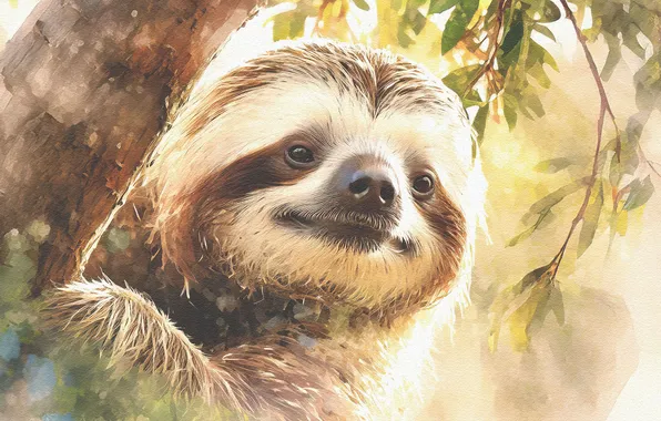 Branches, tree, sloth, painting, face, imitation painting, AI art, neural network