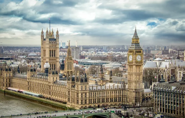 Picture bridge, people, tower, London, panorama, Parliament, big Ben
