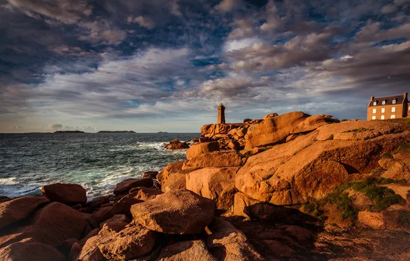 Sea, the sky, clouds, light, stones, rocks, shore, lighthouse