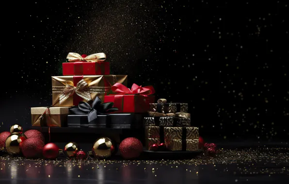 Gift, Christmas, gifts, New year, black background, bows, bow, bow