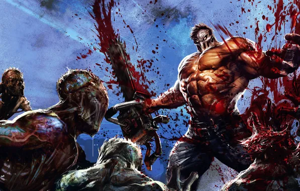 Picture blood, people, mask, monsters, zombies, maniac, Splatterhouse, chainsaw