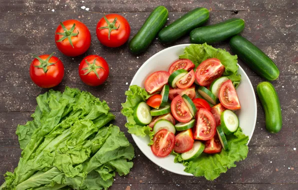 Picture greens, Board, bowl, vegetables, tomatoes, slices, fresh, cucumbers