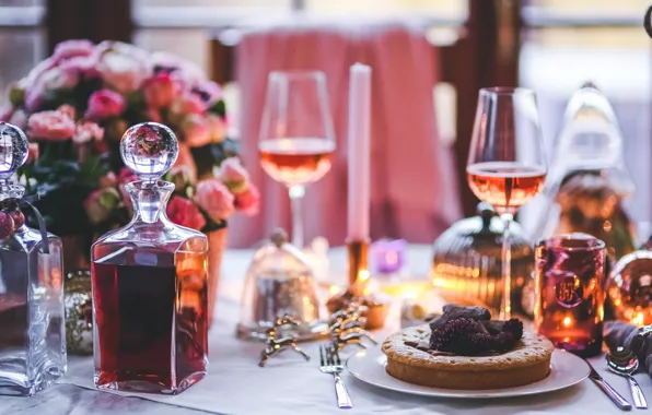 Holiday, new year, glasses, pie, cognac, decor, serving