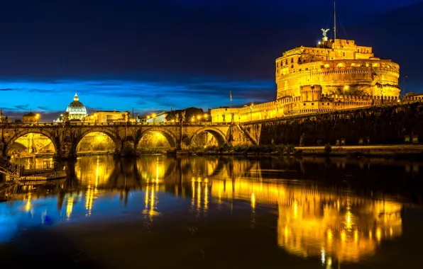 Night, lights, reflection, river, Rome, Italy, The Tiber, Ponte Sant'angelo