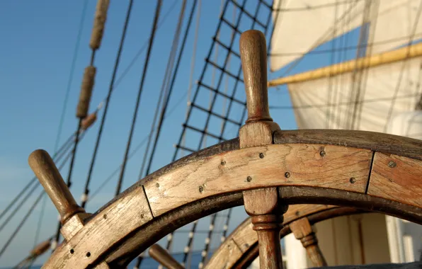 Picture sea, the sky, close-up, mood, ship, sailboat, wheel, rope