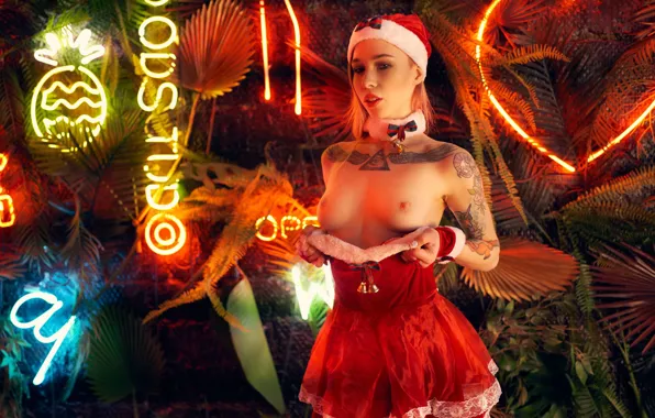 Chest, girl, pose, neon, dress, tattoo, blonde, New year