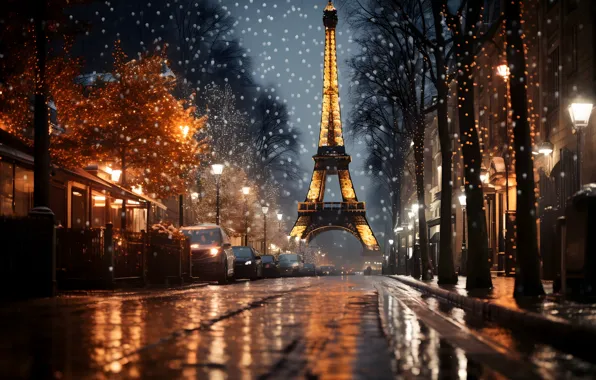 Winter, snow, decoration, night, city, the city, lights, lights