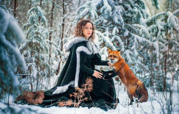 Winter, forest, girl, snow, Fox, red, Elena, nature