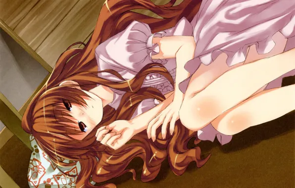 Picture red, long hair, knees, ruffles, Aisaka Taiga, Toradora!, lying on the floor, sleepy